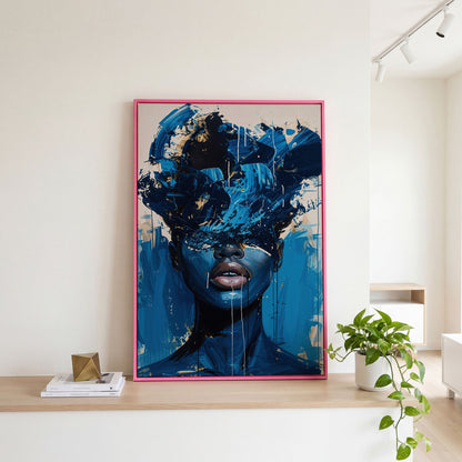 Blue Abstract Woman Portrait Canvas Art with Expressive Brushstrokes in pink floating frame