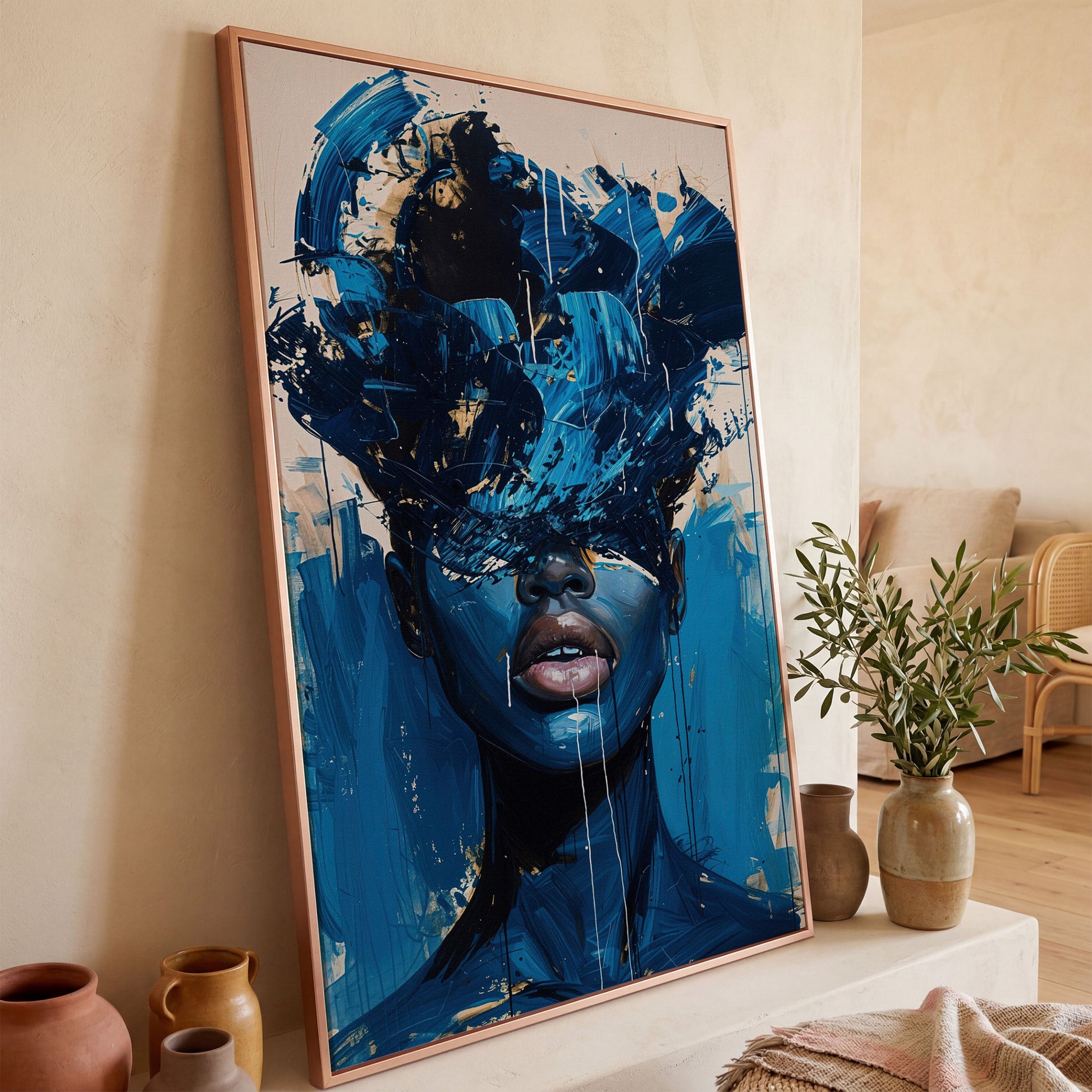 Blue Abstract Woman Portrait Canvas Art with Expressive Brushstrokes in rose gold floating frame