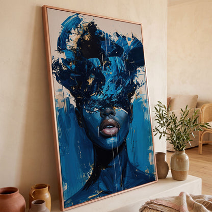 Blue Abstract Woman Portrait Canvas Art with Expressive Brushstrokes in rose gold floating frame