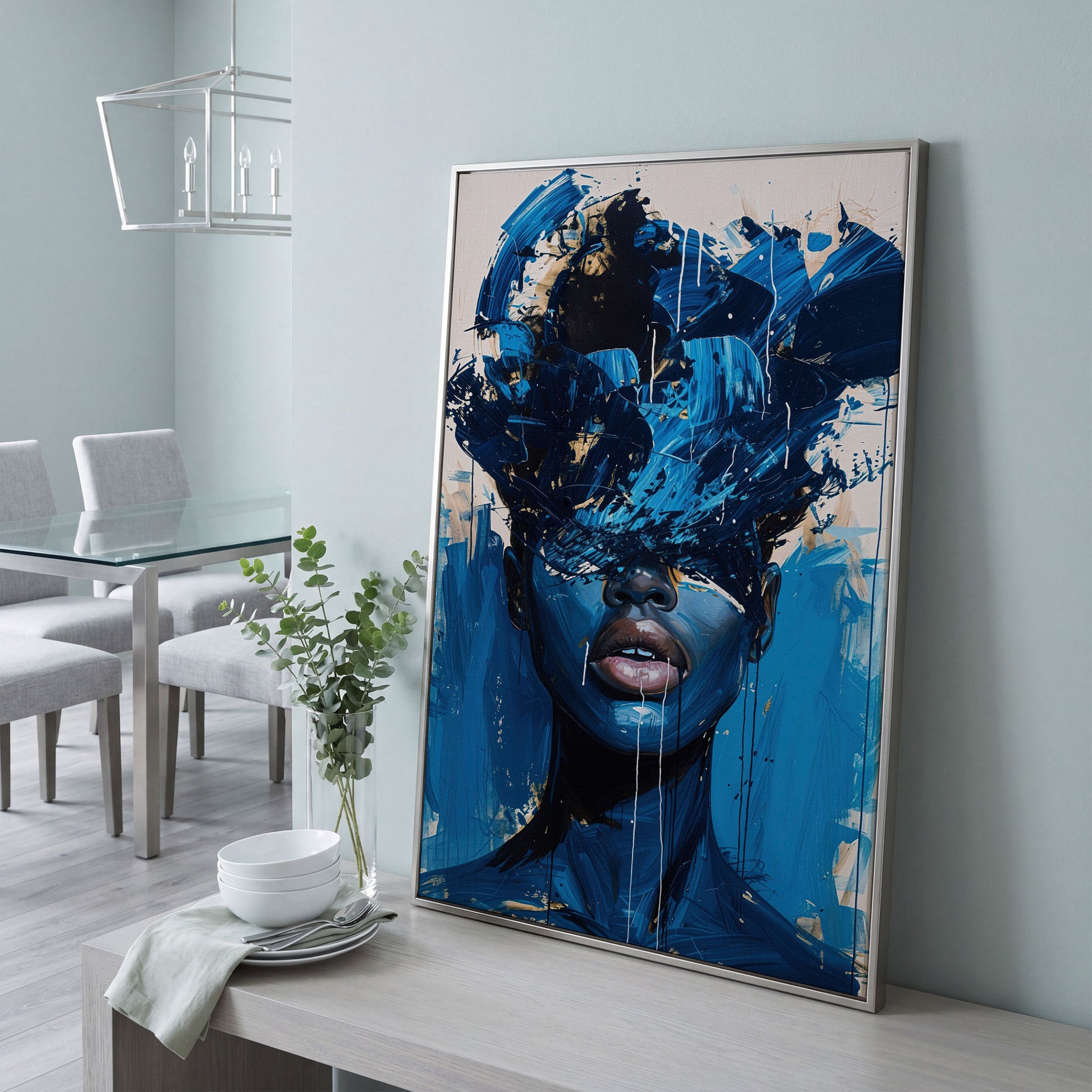 Blue Abstract Woman Portrait Canvas Art with Expressive Brushstrokes in silver floating frame
