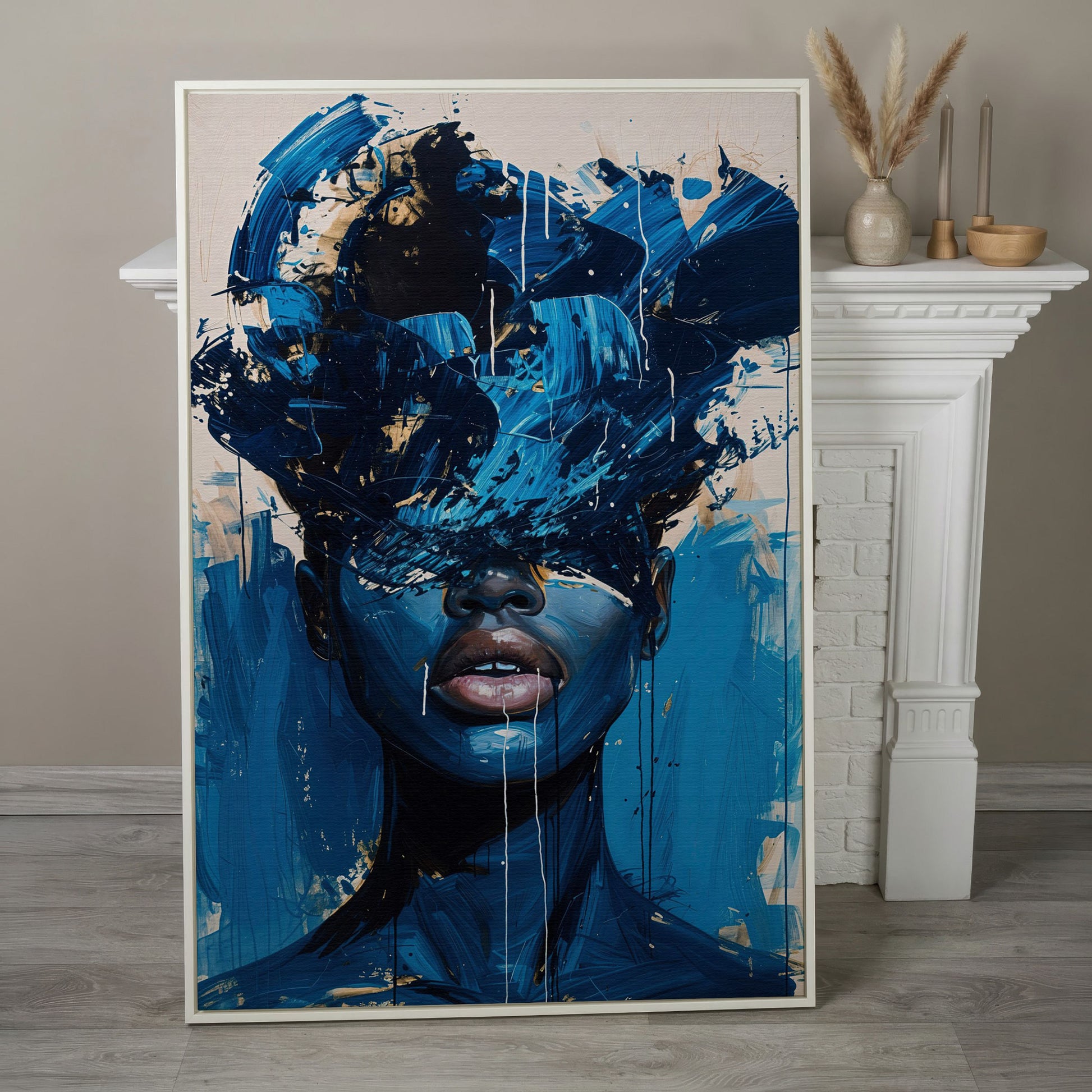 Blue Abstract Woman Portrait Canvas Art with Expressive Brushstrokes in white floating frame