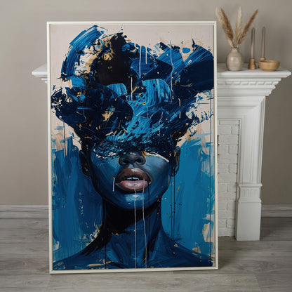 Blue Abstract Woman Portrait Canvas Art with Expressive Brushstrokes in white floating frame