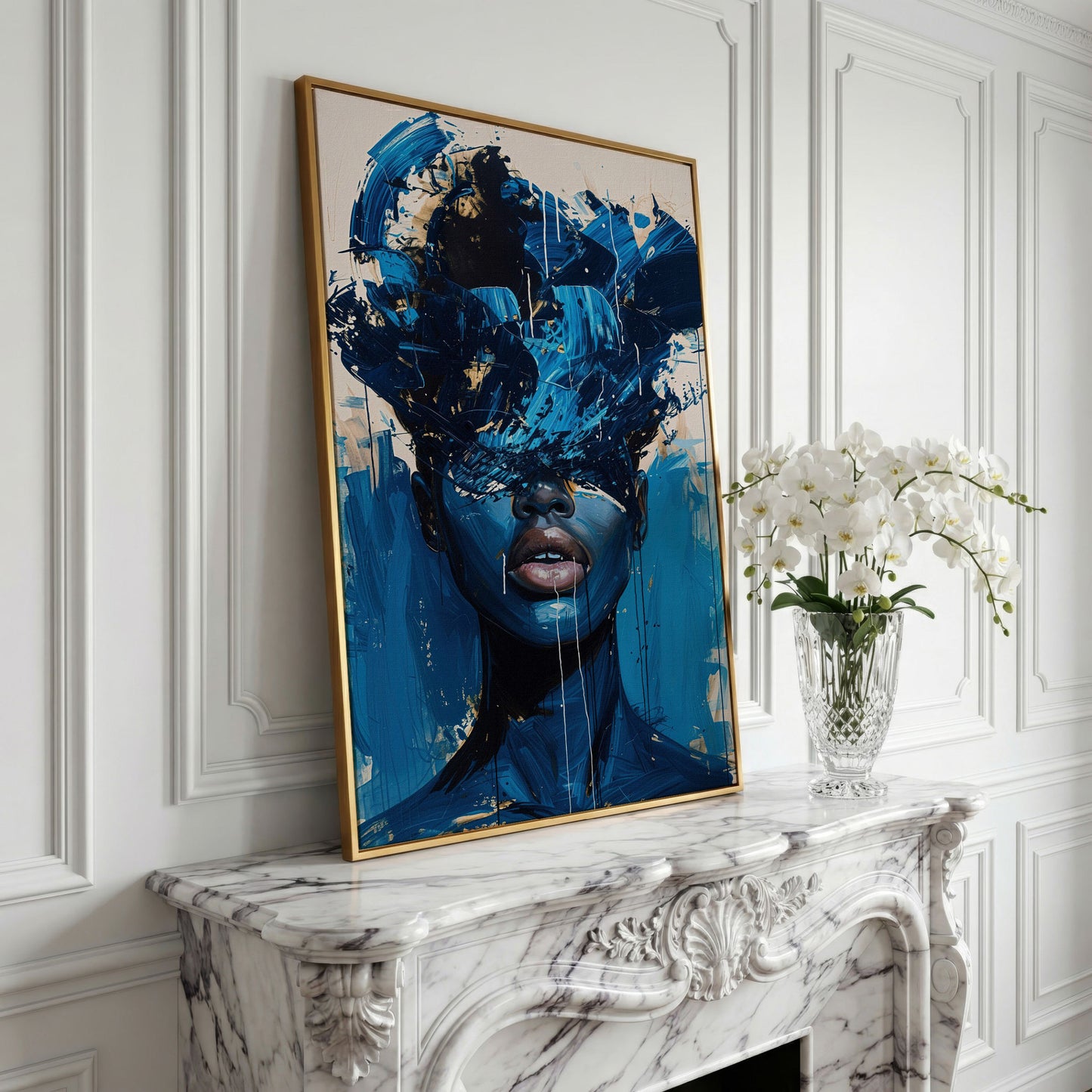 Blue Abstract Woman Portrait Canvas Art with Expressive Brushstrokes in yellow gold floating frame