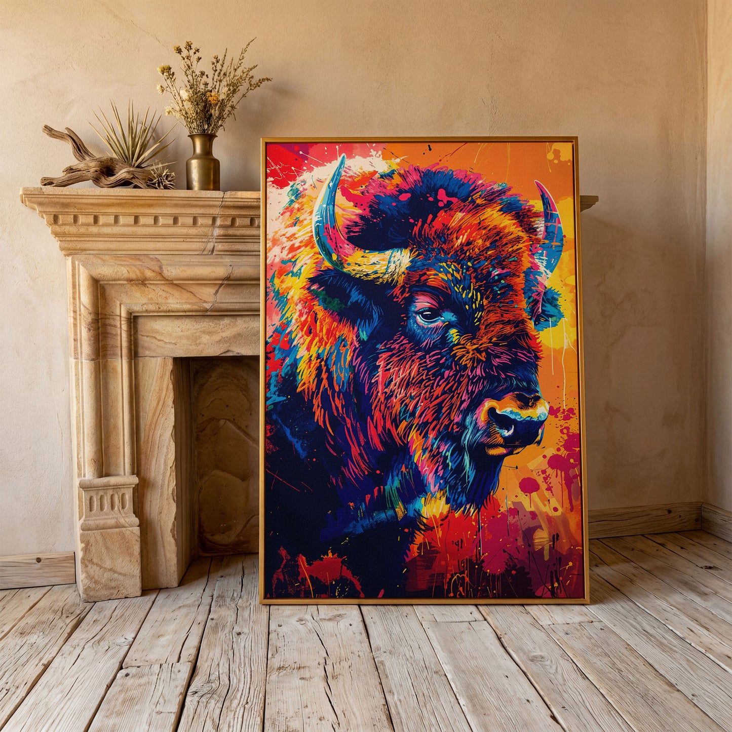 Abstract Bison Canvas Print in Orange and Navy in antique gold floating frame