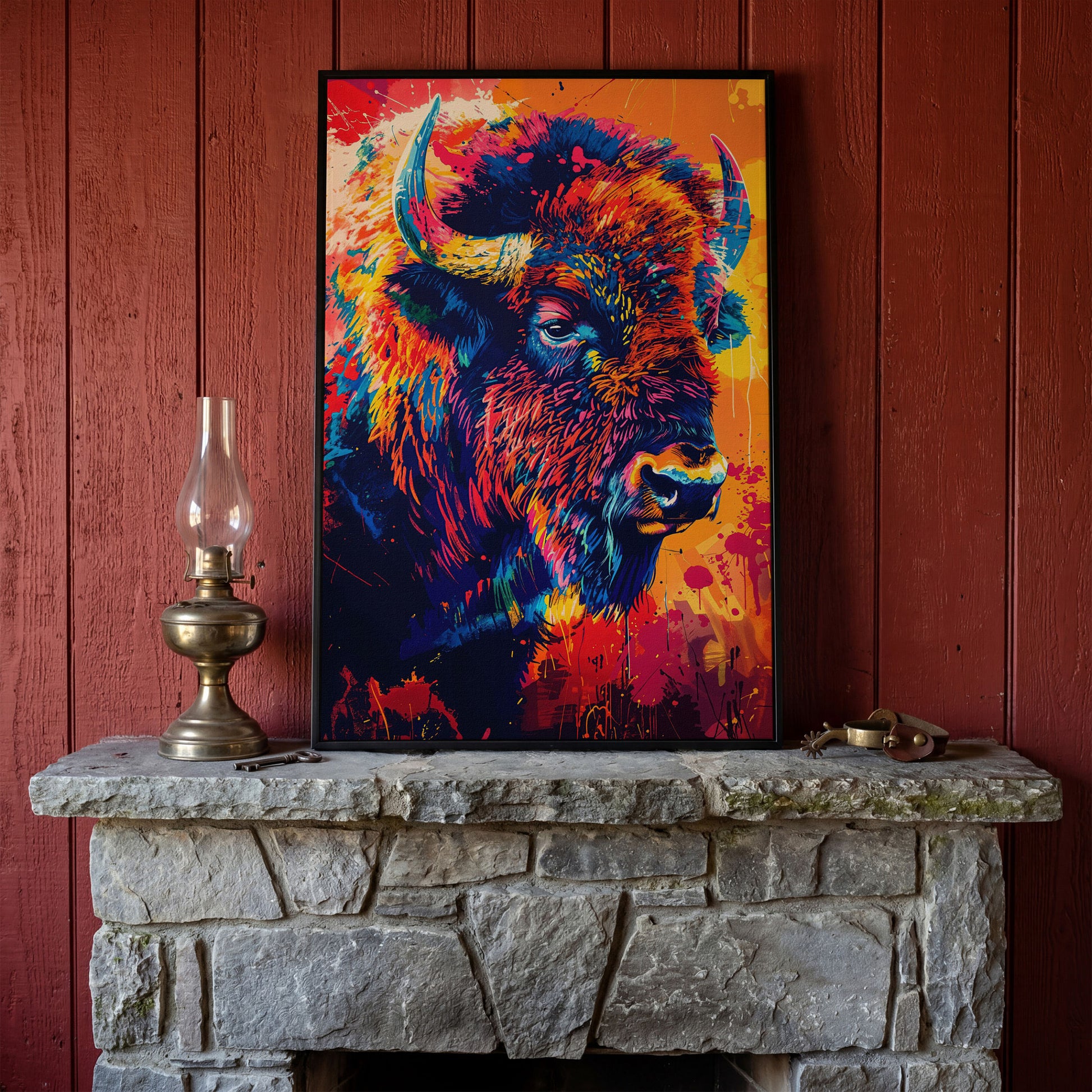 Abstract Bison Canvas Print in Orange and Navy in black floating frame