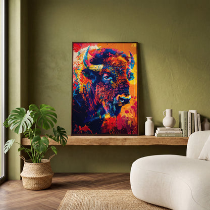 Abstract Bison Canvas Print in Orange and Navy in dark walnut floating frame