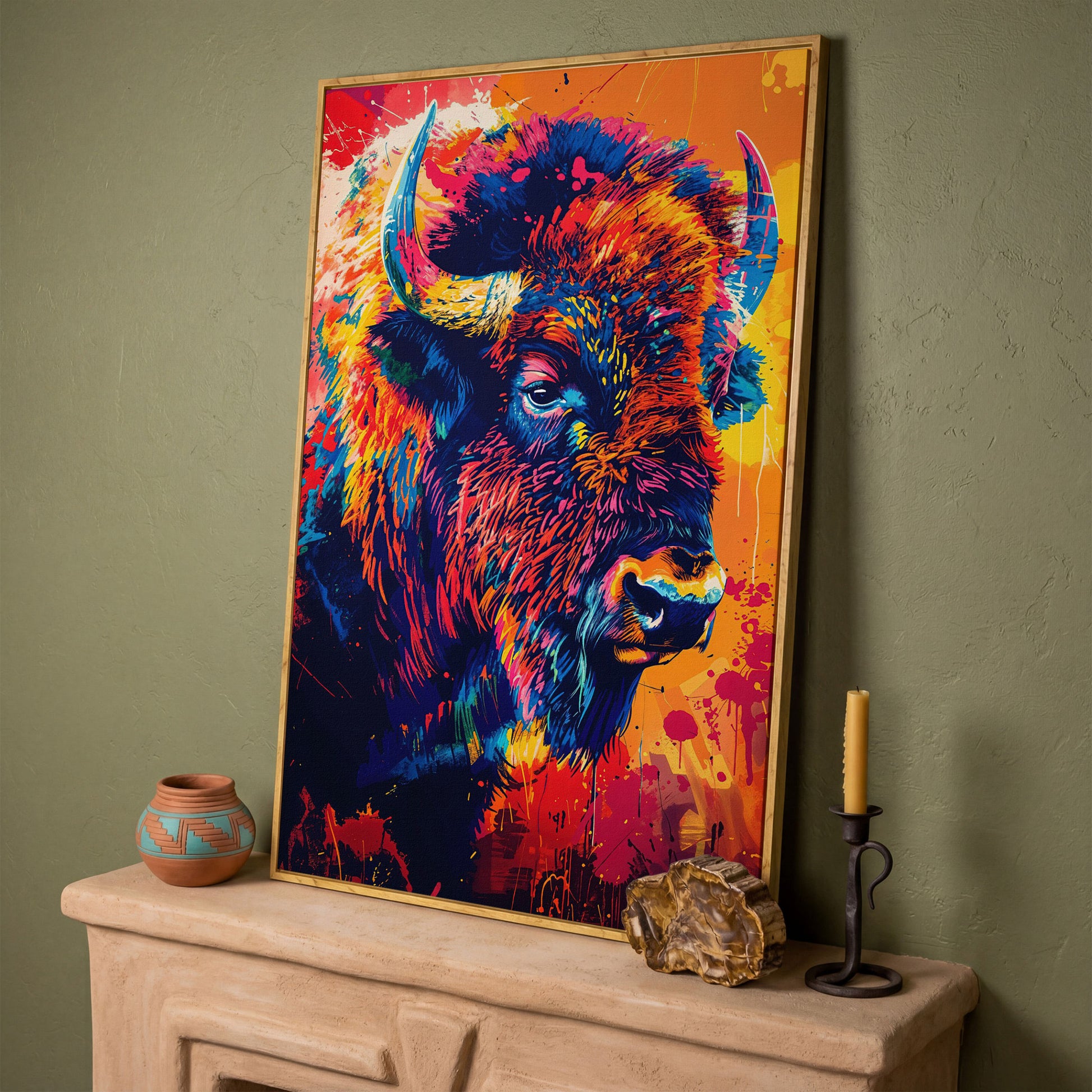 Abstract Bison Canvas Print in Orange and Navy in white oak floating frame
