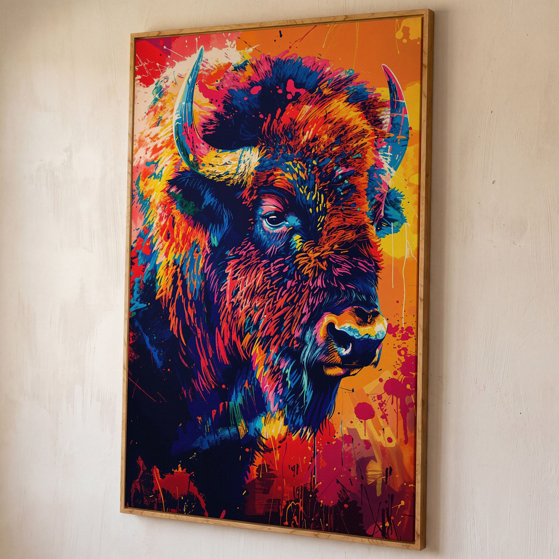 Abstract Bison Canvas Print in Orange and Navy shown in white oak floating frame