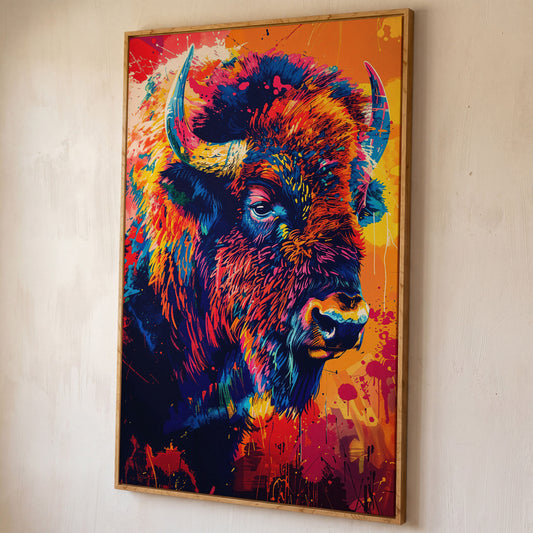 Abstract Bison Canvas Print in Orange and Navy shown in white oak floating frame