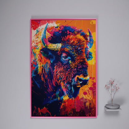 Abstract Bison Canvas Print in Orange and Navy in pink floating frame