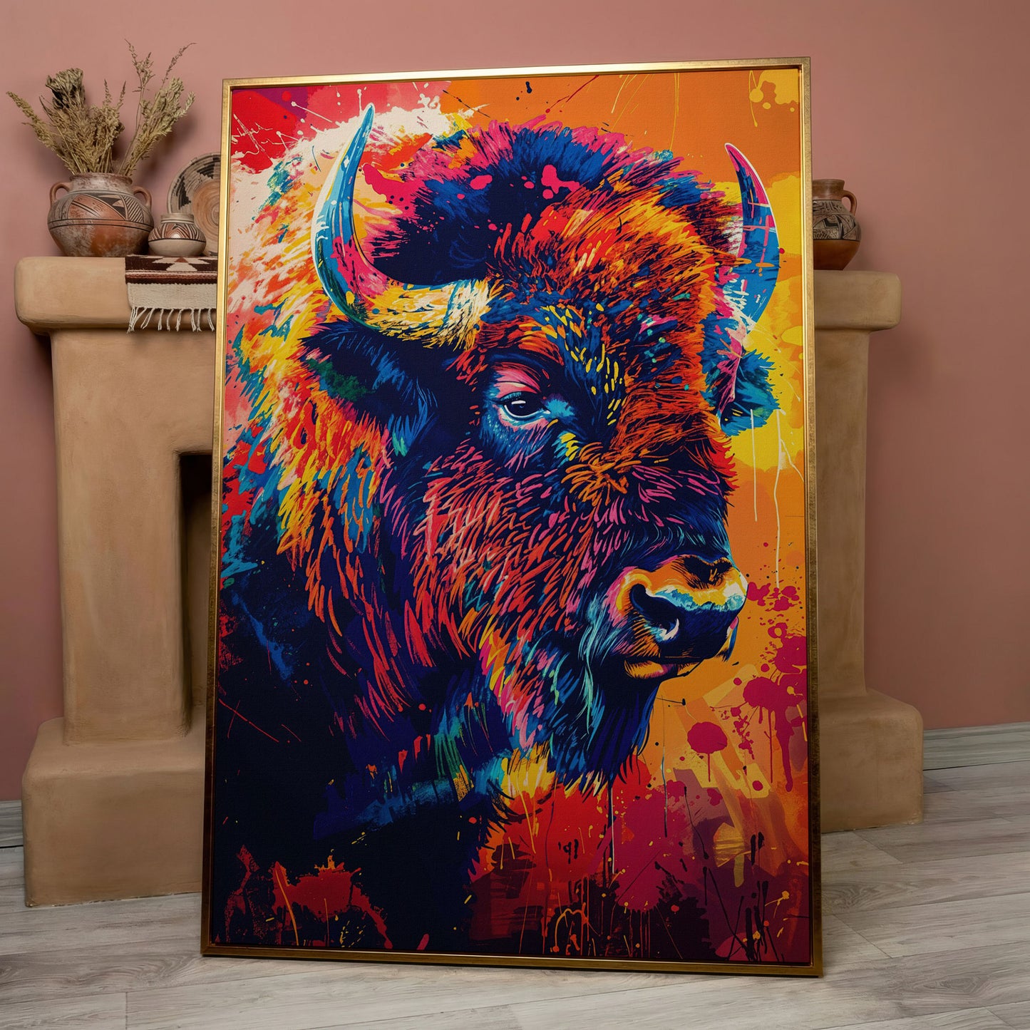 Abstract Bison Canvas Print in Orange and Navy in rose gold floating frame