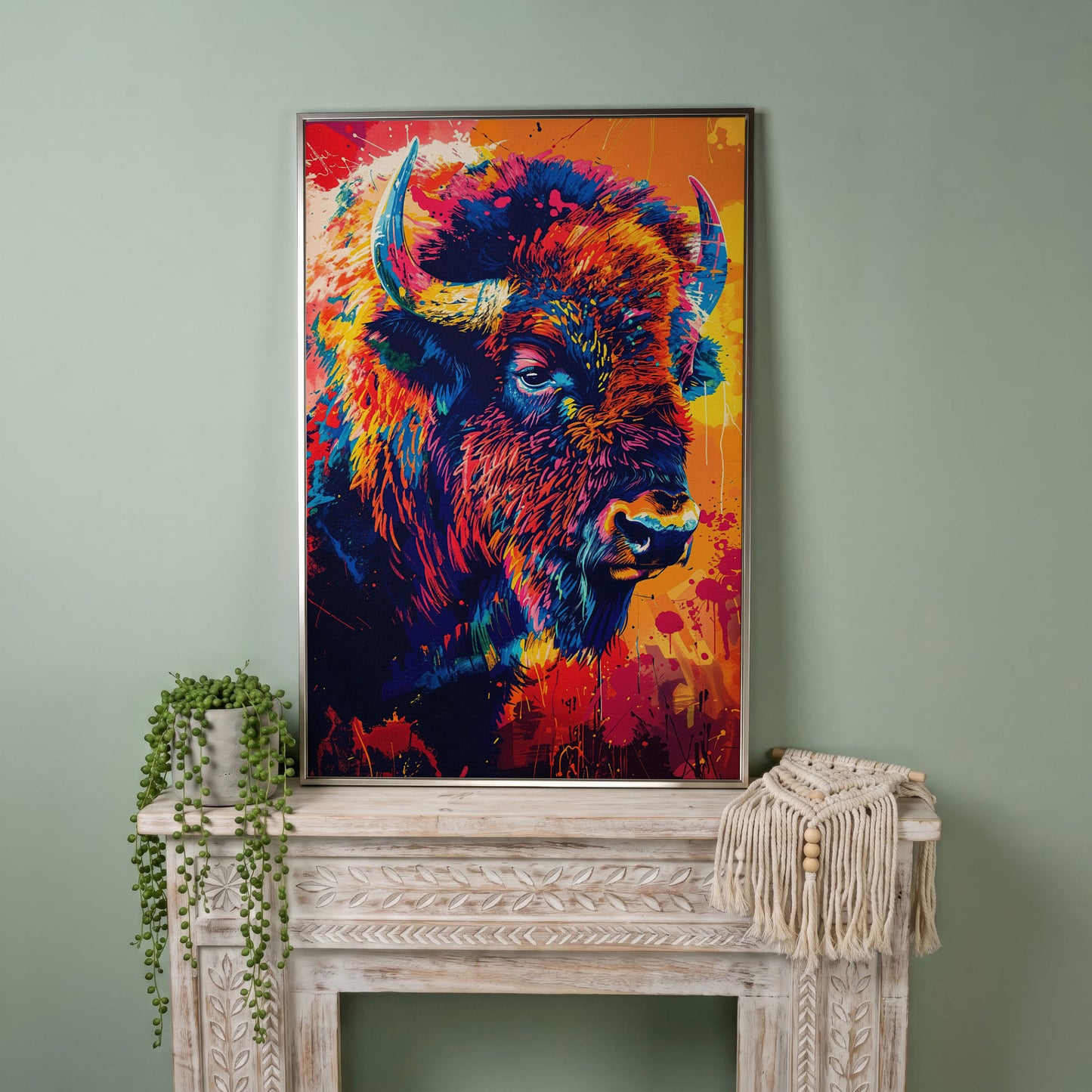 Abstract Bison Canvas Print in Orange and Navy in silver floating frame