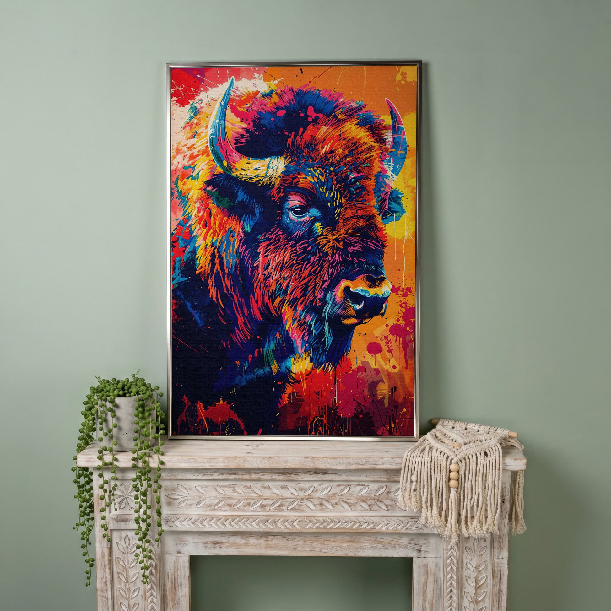 Abstract Bison Canvas Print in Orange and Navy in silver floating frame