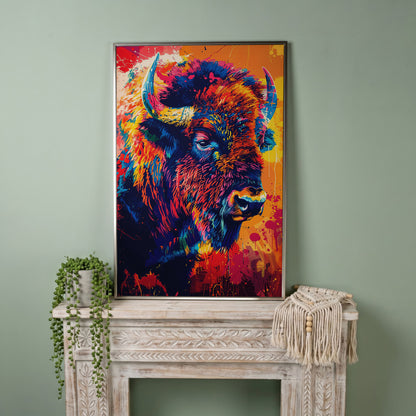 Abstract Bison Canvas Print in Orange and Navy in silver floating frame