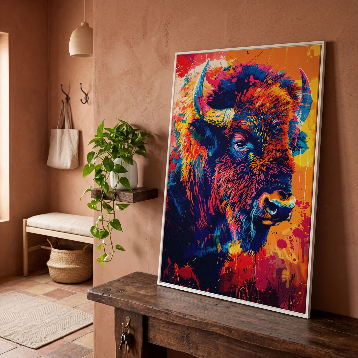Abstract Bison Canvas Print in Orange and Navy in white floating frame