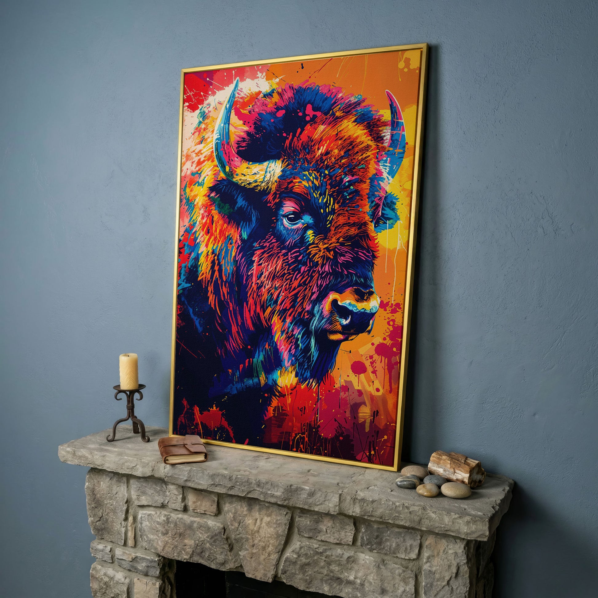 Abstract Bison Canvas Print in Orange and Navy in yellow gold floating frame