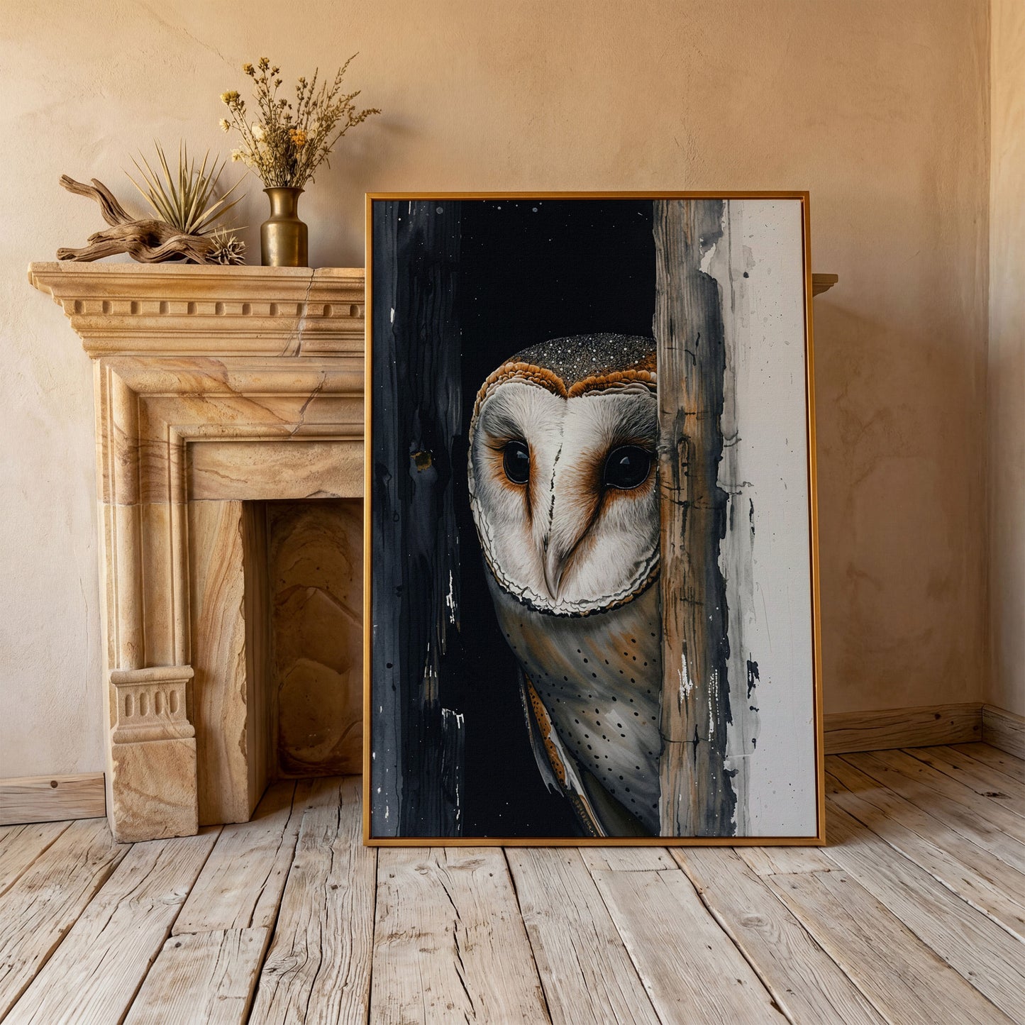 Barn Owl Behind Planks Canvas Print in antique gold floating frame