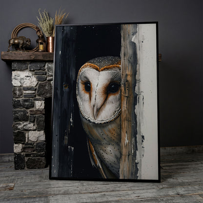 Barn Owl Behind Planks Canvas Print in black floating frame