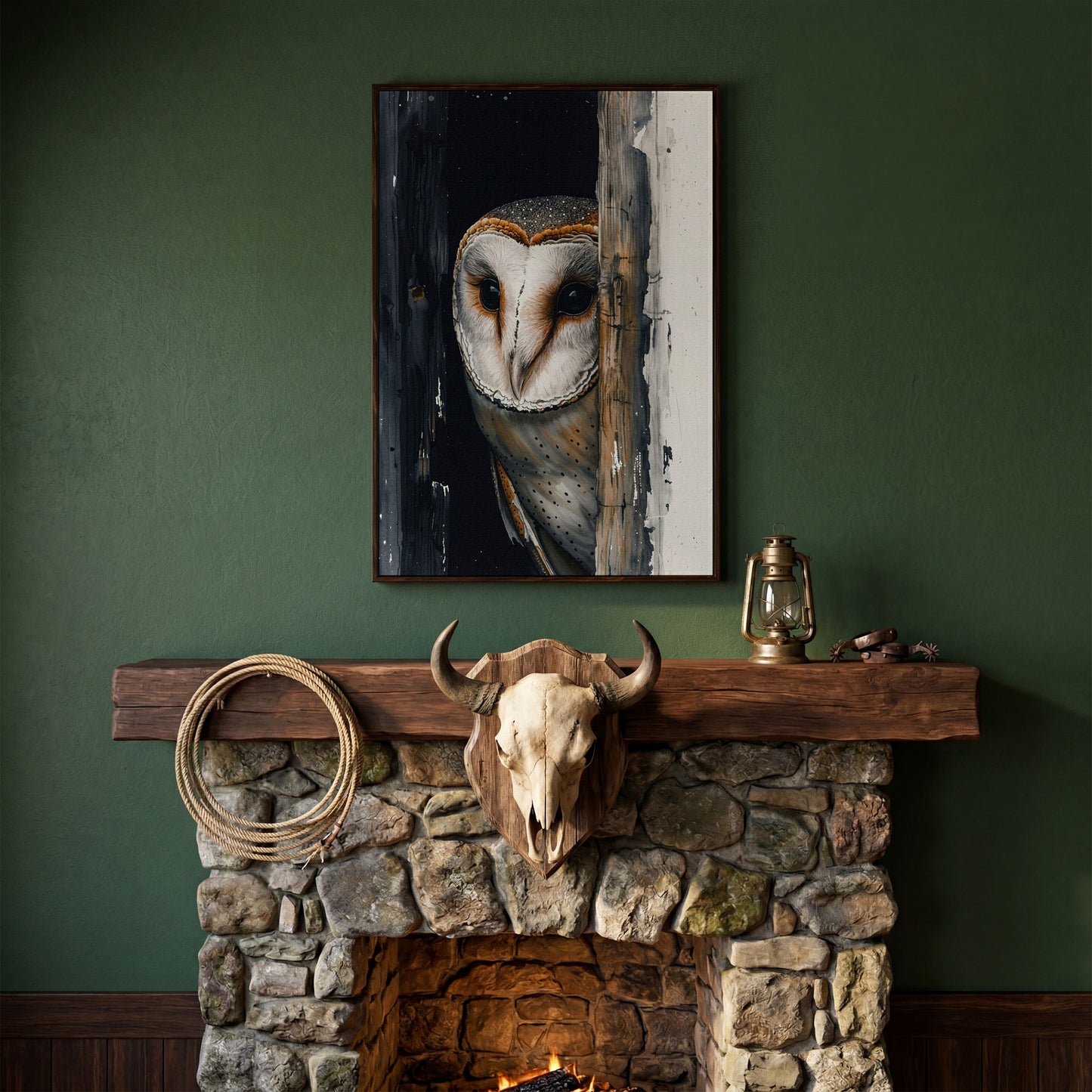 Barn Owl Behind Planks Canvas Print in dark walnut floating frame