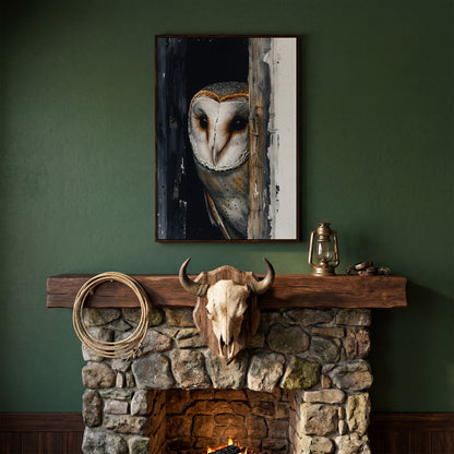Barn Owl Behind Planks Canvas Print in dark walnut floating frame