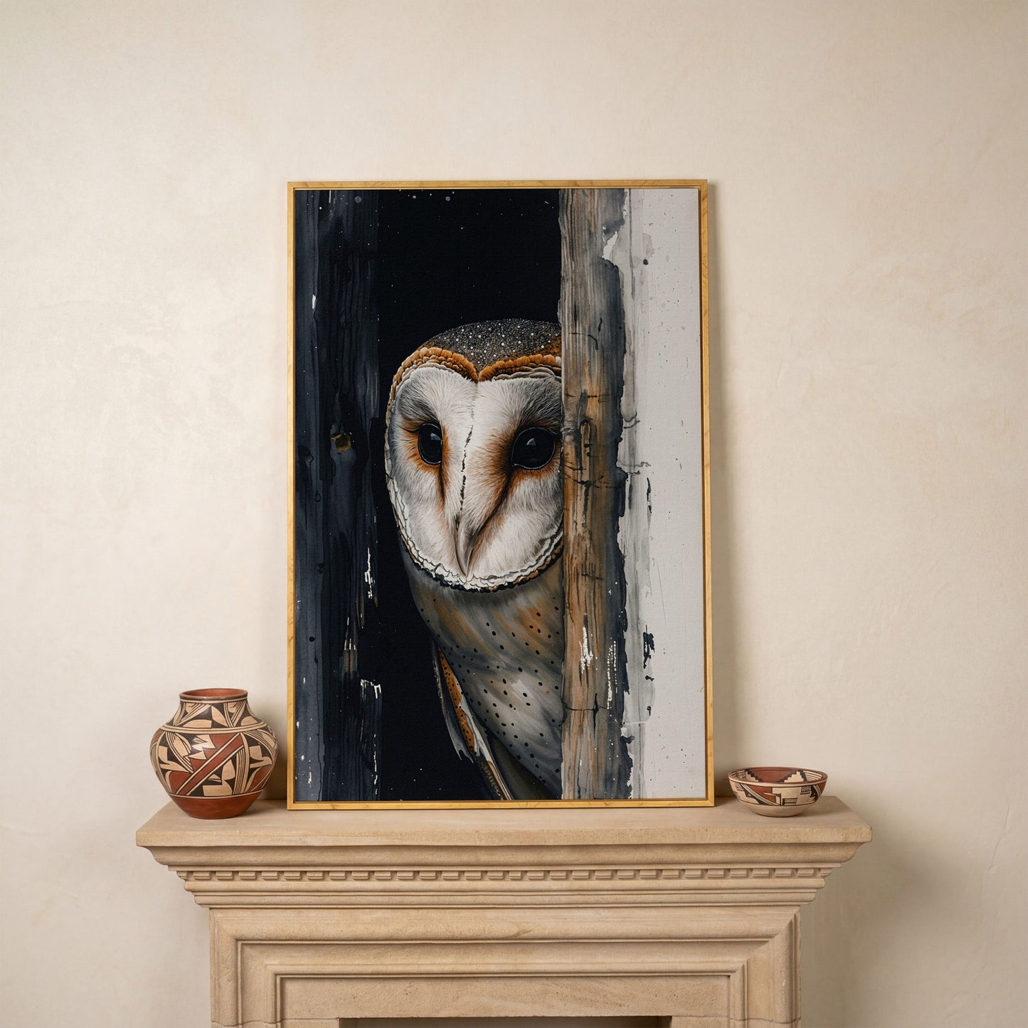 Barn Owl Behind Planks Canvas Print in white oak floating frame