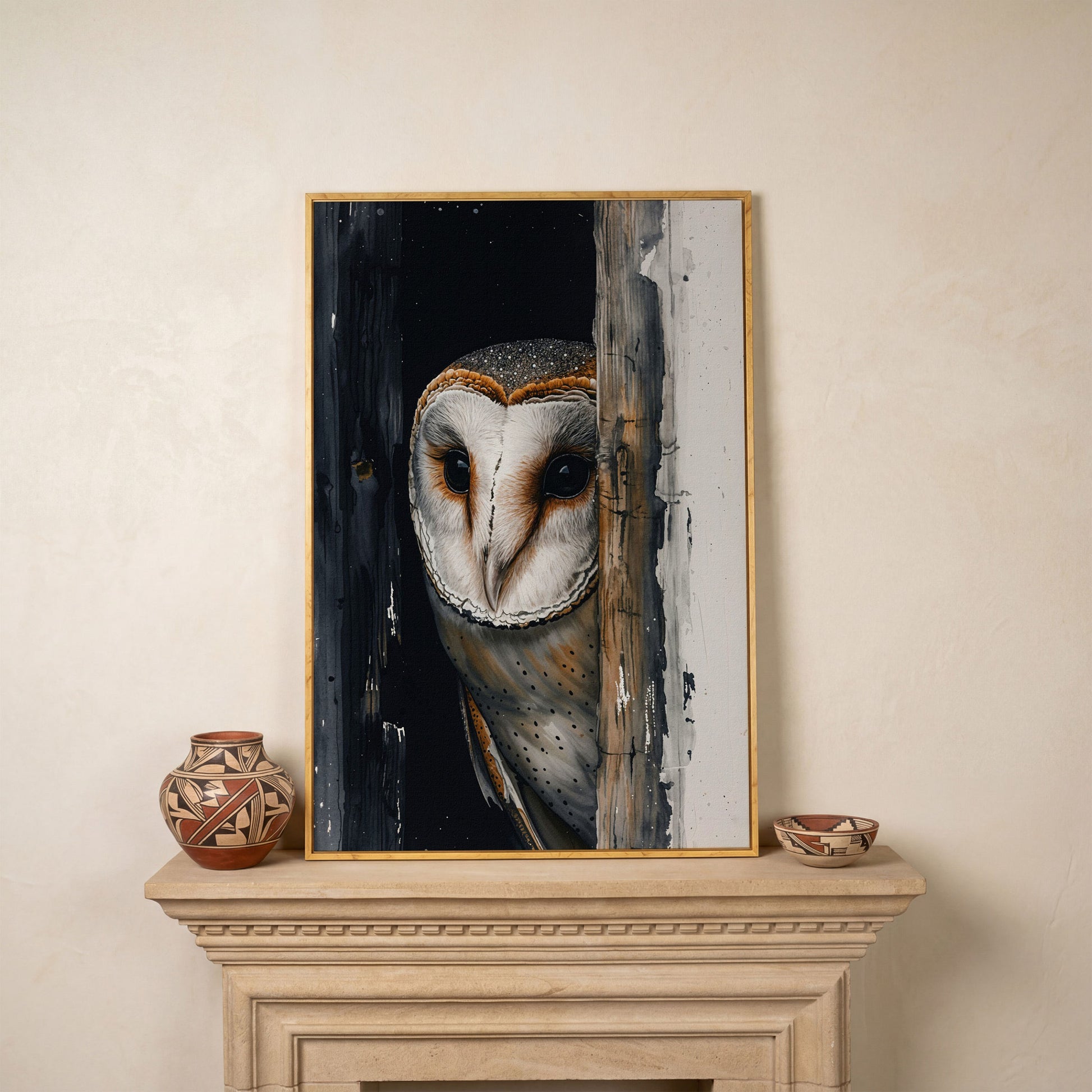 Barn Owl Behind Planks Canvas Print in white oak floating frame