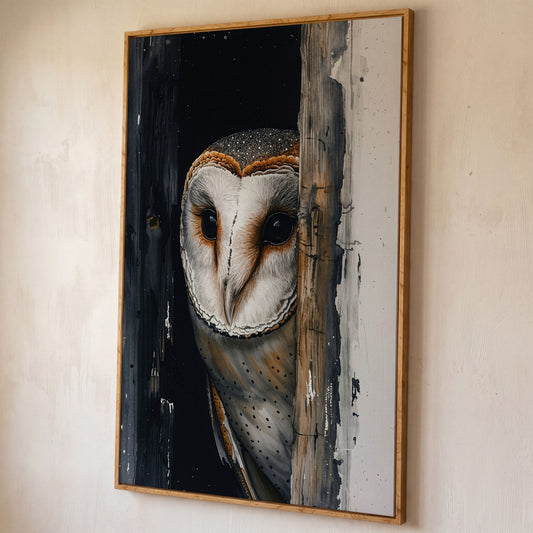 Barn Owl Behind Planks Canvas Print shown in white oak floating frame