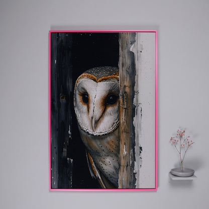 Barn Owl Behind Planks Canvas Print in pink floating frame