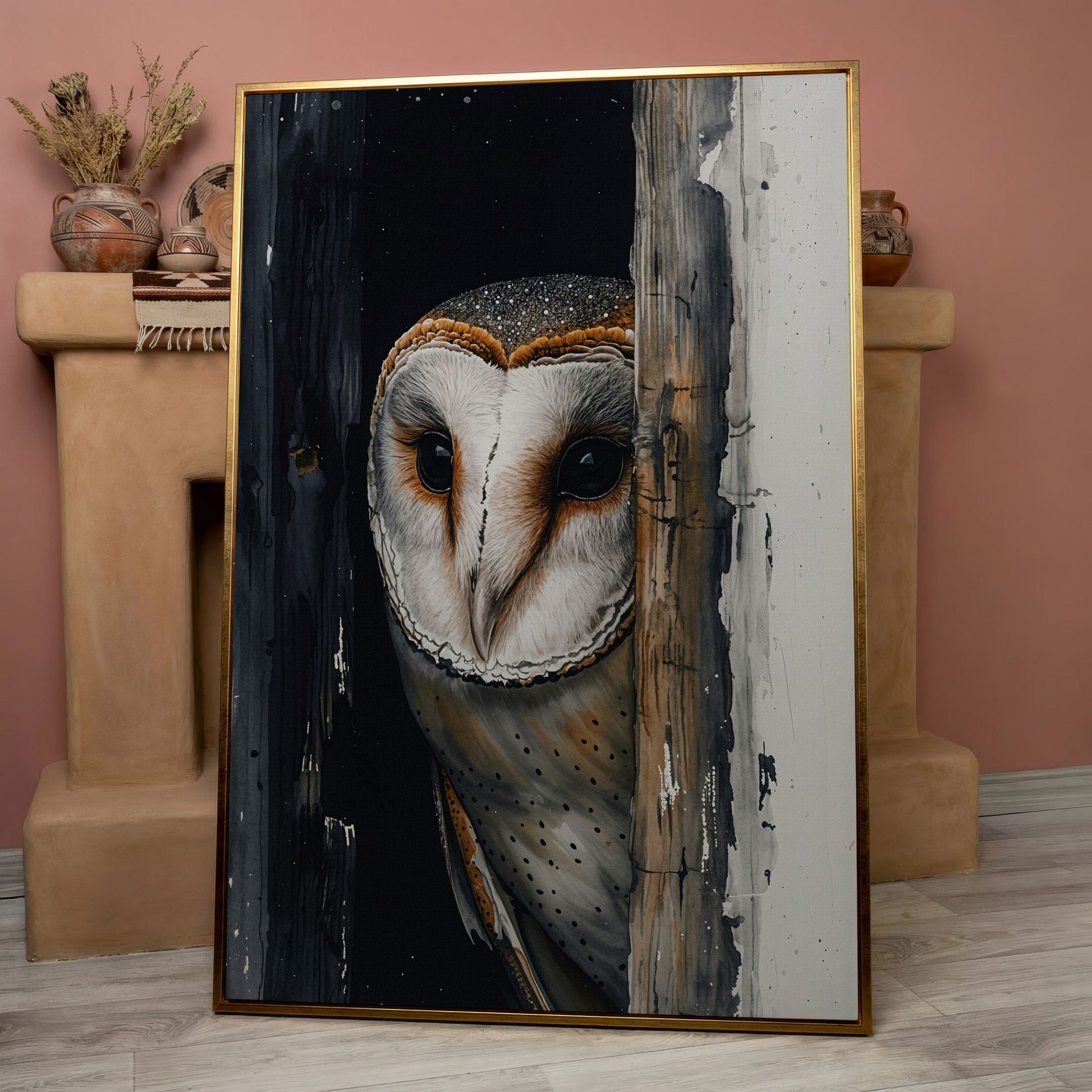 Barn Owl Behind Planks Canvas Print in rose gold floating frame
