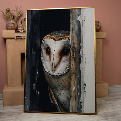 Barn Owl Behind Planks Canvas Print in rose gold floating frame