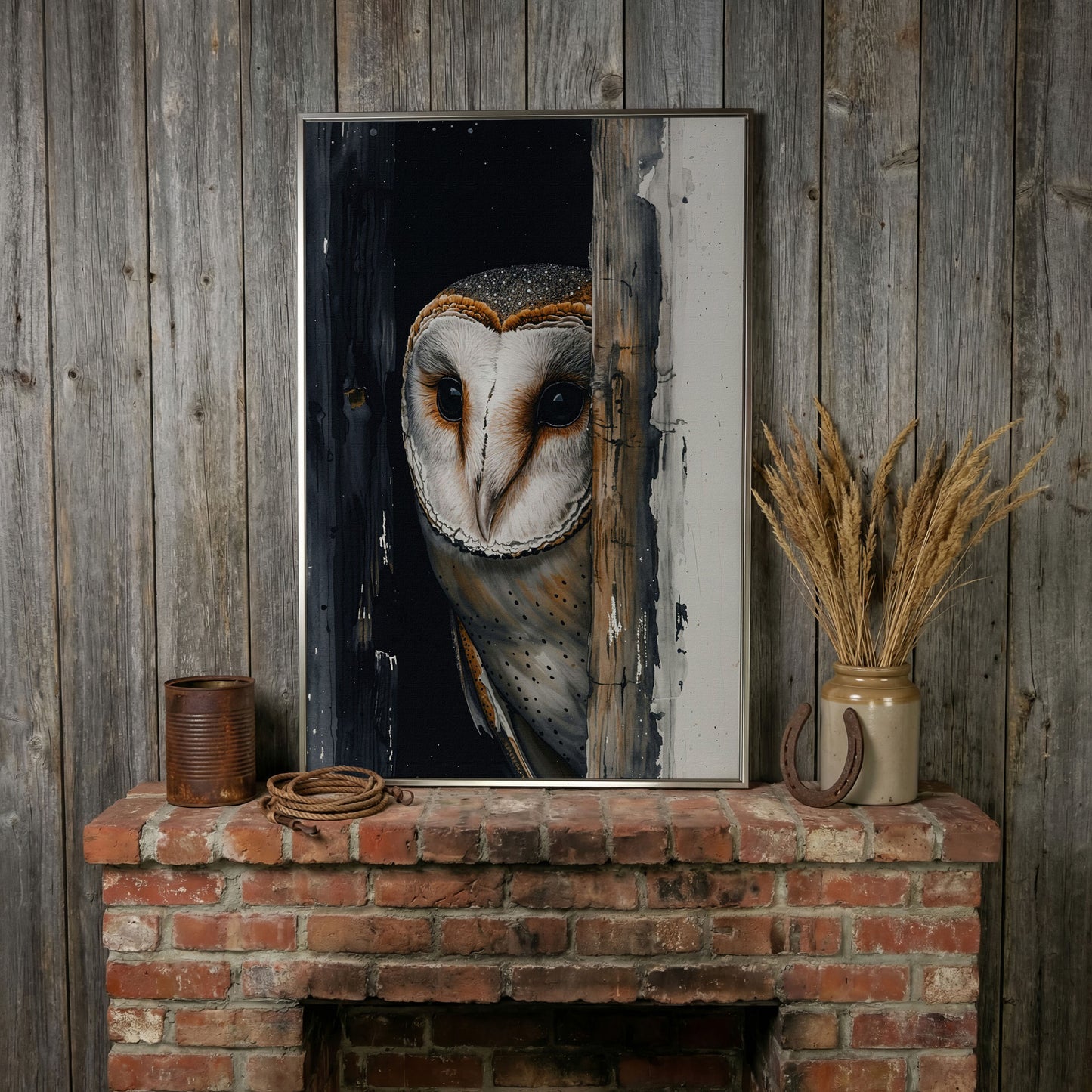 Barn Owl Behind Planks Canvas Print in silver floating frame