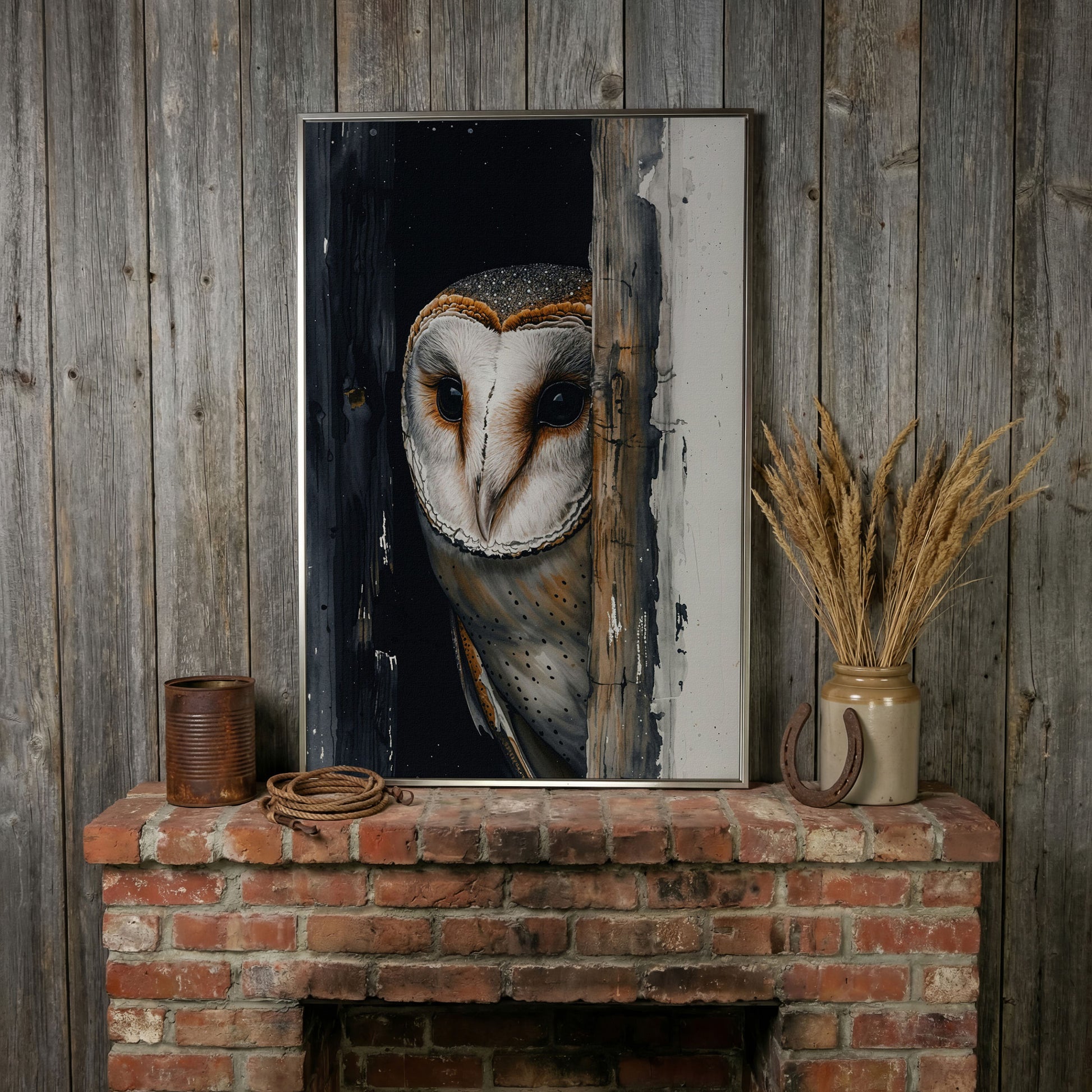 Barn Owl Behind Planks Canvas Print in silver floating frame