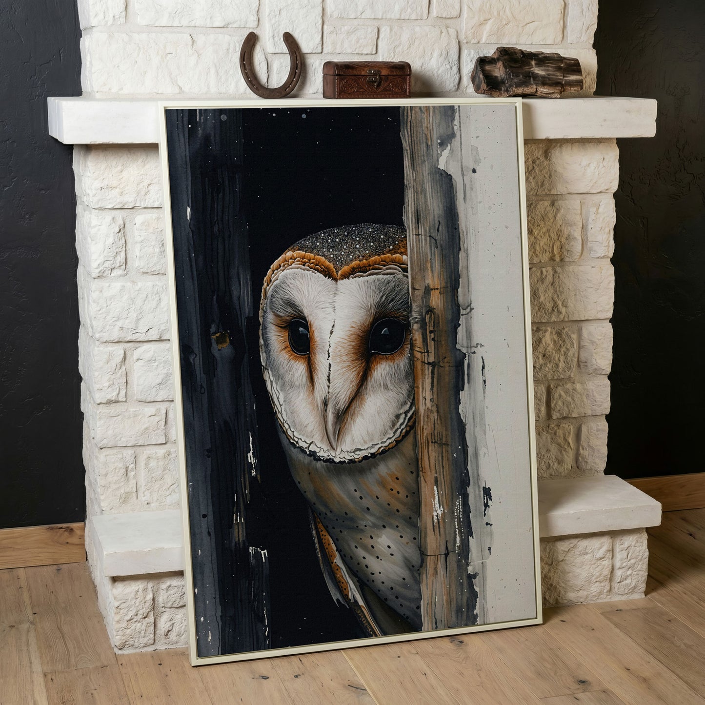 Barn Owl Behind Planks Canvas Print in white floating frame