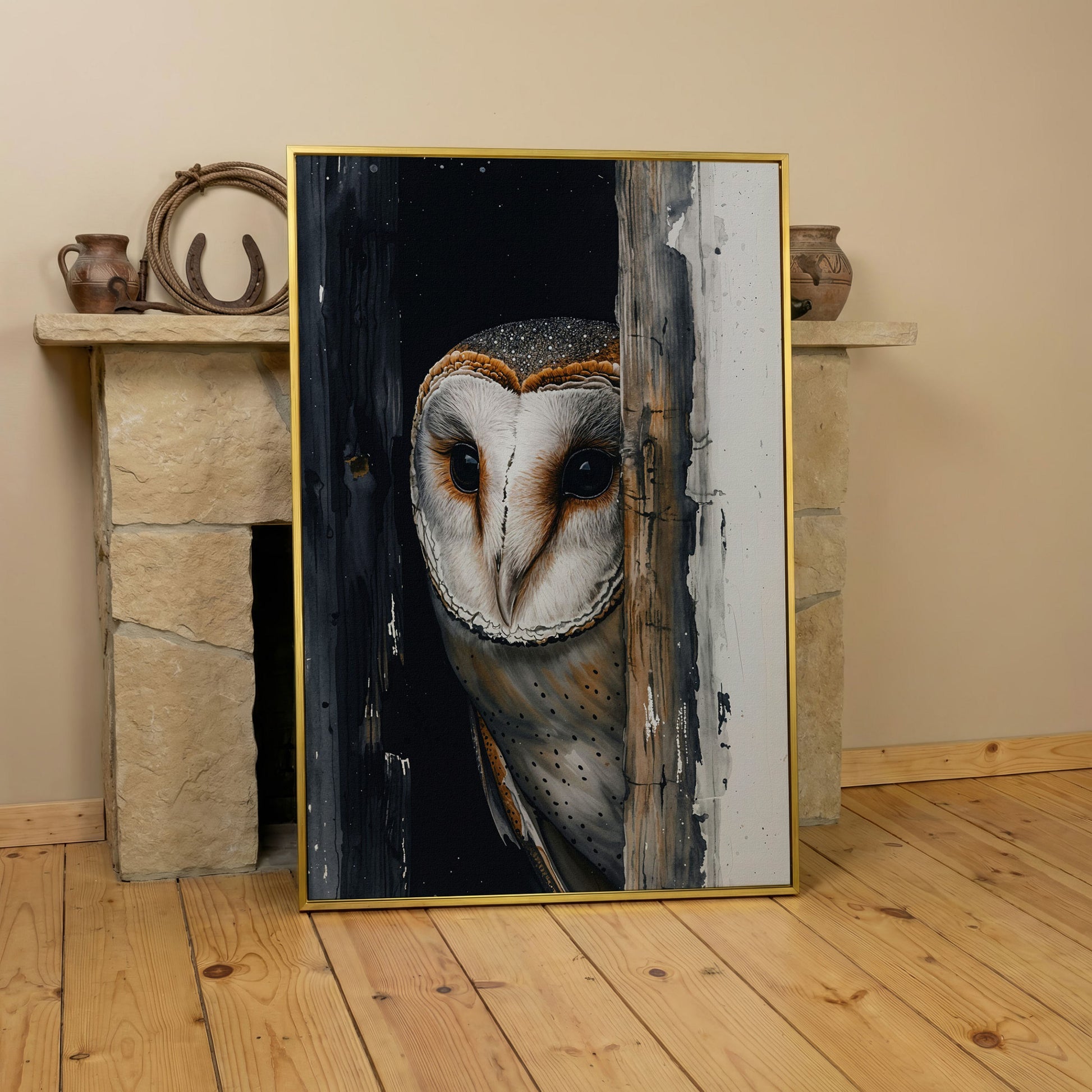 Barn Owl Behind Planks Canvas Print in yellow gold floating frame