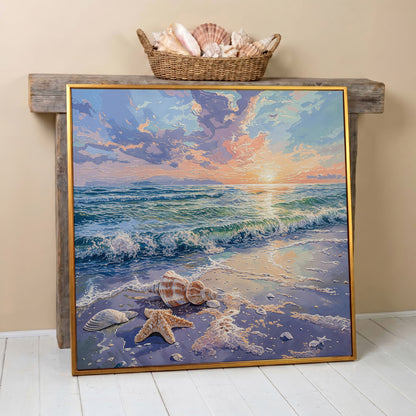 Beach Sunset with Ocean Waves Square Canvas in antique gold floating frame