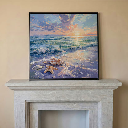 Beach Sunset with Ocean Waves Square Canvas in black floating frame