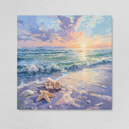 Beach Sunset with Ocean Waves Square Canvas on gallery wrap