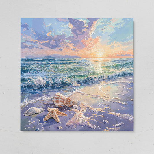 Beach Sunset with Ocean Waves Square Canvas on gallery wrap