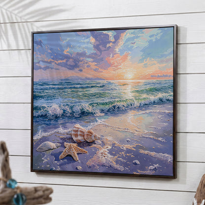 Beach Sunset with Ocean Waves Square Canvas in dark walnut floating frame