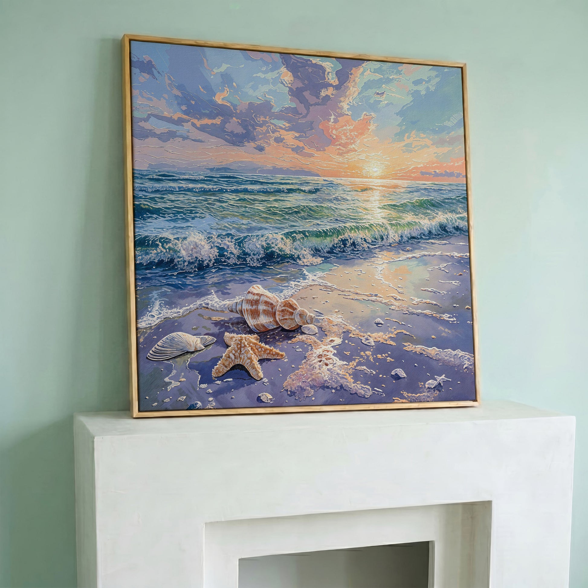 Beach Sunset with Ocean Waves Square Canvas in white oak floating frame