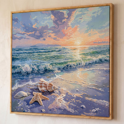 Beach Sunset with Ocean Waves Square Canvas shown in white oak floating frame