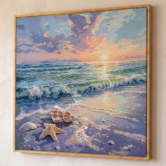 Beach Sunset with Ocean Waves Square Canvas shown in white oak floating frame
