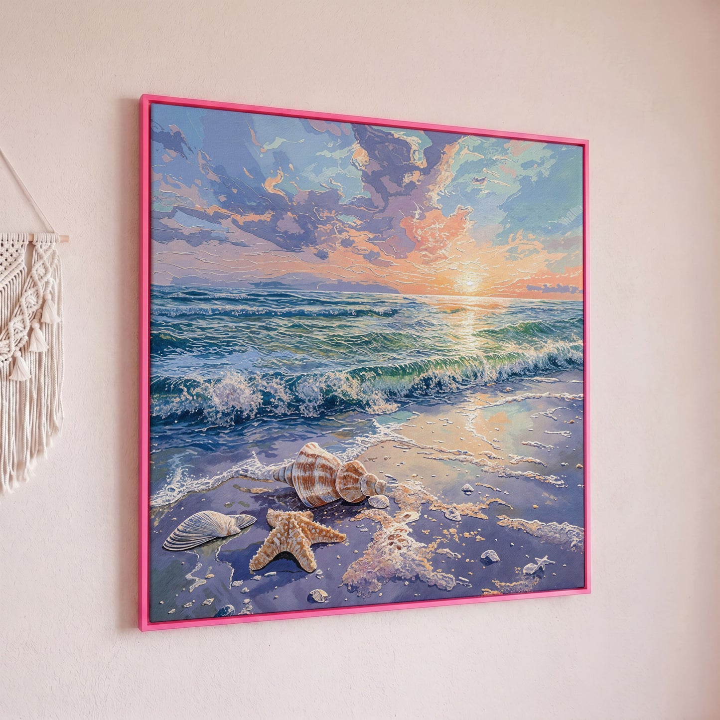 Beach Sunset with Ocean Waves Square Canvas in pink floating frame