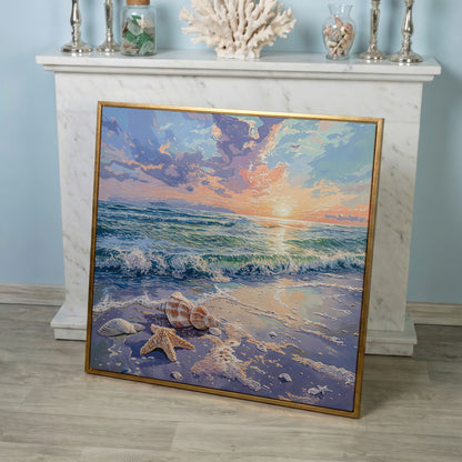 Beach Sunset with Ocean Waves Square Canvas in rose gold floating frame