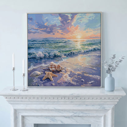 Beach Sunset with Ocean Waves Square Canvas in silver floating frame