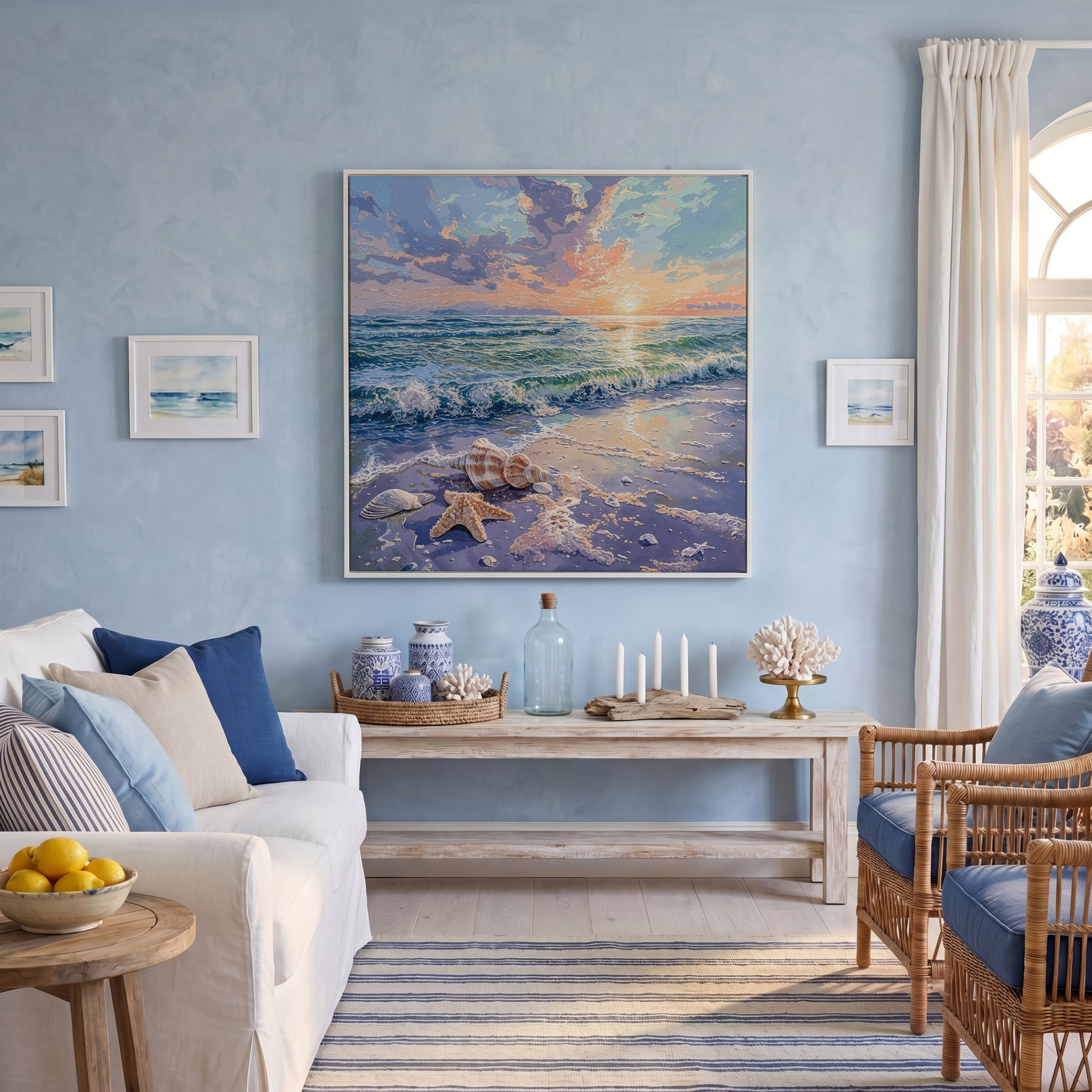 Beach Sunset with Ocean Waves Square Canvas in white floating frame