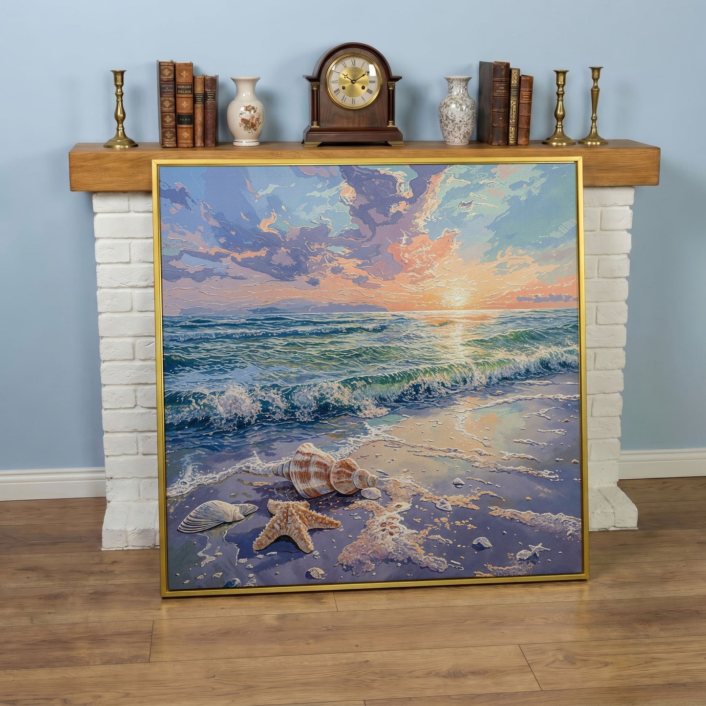 Beach Sunset with Ocean Waves Square Canvas in yellow gold floating frame