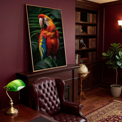 Scarlet Macaw on Emerald Leaf Canvas Print in antique gold floating frame