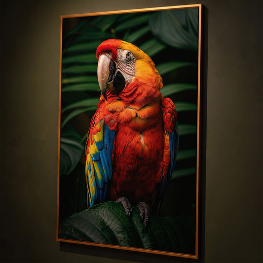 Scarlet Macaw on Emerald Leaf Canvas Print shown in antique gold floating frame