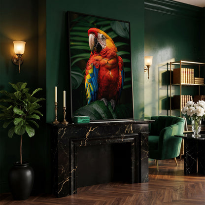 Scarlet Macaw on Emerald Leaf Canvas Print in black floating frame